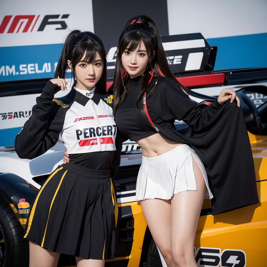 Ultra detailed face、Cool woman、Colorful costumes、F1 Driver Cosplay、Colorful costumes、Clothing with company logo、Grid Girlsのカラフルで派手な衣装、Grid Girls、Perfect Face、Paddock Girls、Harem、motor Show、tights、Bodycon Costumes、Grid Girls、Russia、Grid Girlsのコスプレ、belly button、Pleated skirt、Bodycon Costumes、Photographed in a sexy pose