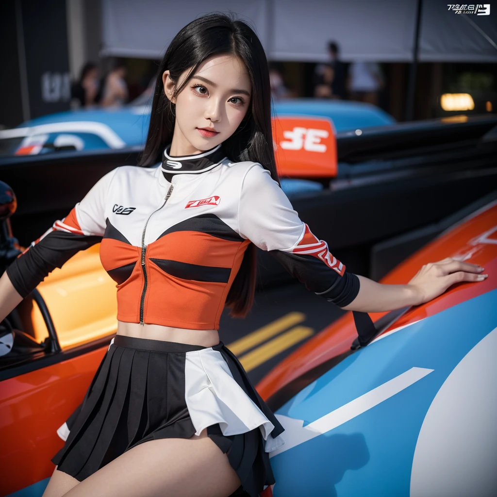 Ultra detailed face、Cool woman、Colorful costumes、F1 Driver Cosplay、Colorful costumes、Clothing with company logo、Grid Girlsのカラフルで派手な衣装、Grid Girls、Perfect Face、Paddock Girls、Harem、motor Show、tights、Bodycon Costumes、Grid Girls、Russia、Grid Girlsのコスプレ、belly button、Pleated skirt、Bodycon Costumes、Photographed in a sexy pose