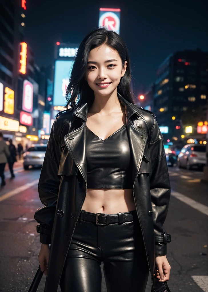 （Realisticな, photo-Realisticな:1.37),(8k, RAW Photos, Highest quality, masterpiece:1.2),  Ultra-detailed, 超High resolution, Kodak Vision Color, Filmed with an Arricam LT camera,Highest quality, Lively, 8k, High resolution, 1 female, Japanese、Escape, (Professional Lighting), (Portraiture:0.6), Black Hair, (Medium Hair）,22 years old、(masterpiece), (Very complicated:1.3), (Realistic), ((Short Undercut , Upper Body, compensate:1.3, ((Black Leather Trench Coat)), Open chest、Naked under the jacket、A grin、smile、Leather pants,  Skyscraper rooftop、in the middle of a fight、Abandoned Building、Fighting with a Japanese sword、Outdoor, ((Cyberpunk Street)), Professional photos, Sharp focus, dramatic,  Cinema Lighting, Volumetrics dtx, (Film Grain, Blurred Background, Blurred foreground, Bokeh, Depth of written boundary), 8k
