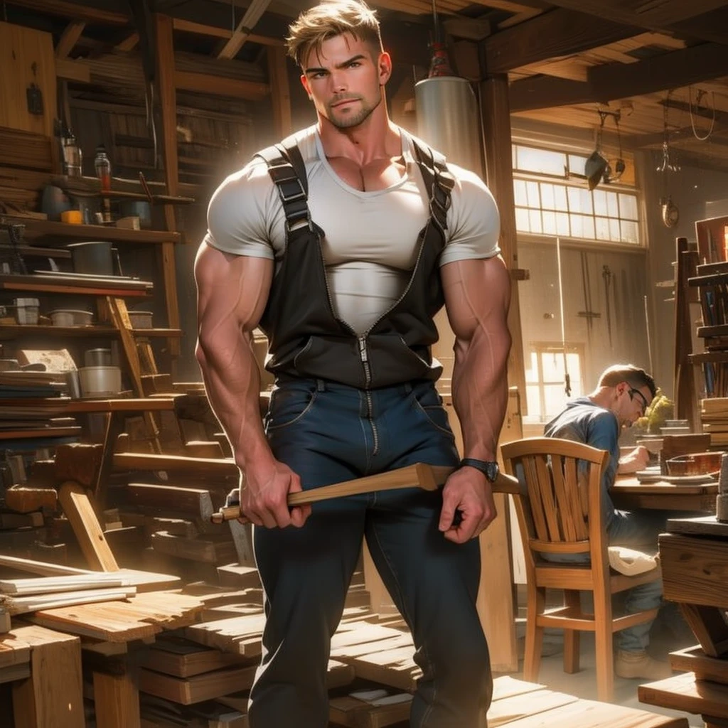 masterpiece, best quality, face, natural eyes, 1man, macho man,, muscled and mature, stephen amell as a carpenter wearing totally unbuttoned overall, sweating, tight cloth showing his muscles and bulge , full body , background wood workshop , woodwork of chairs  , tools , wood parts , volumetric dynamic bright  light .....