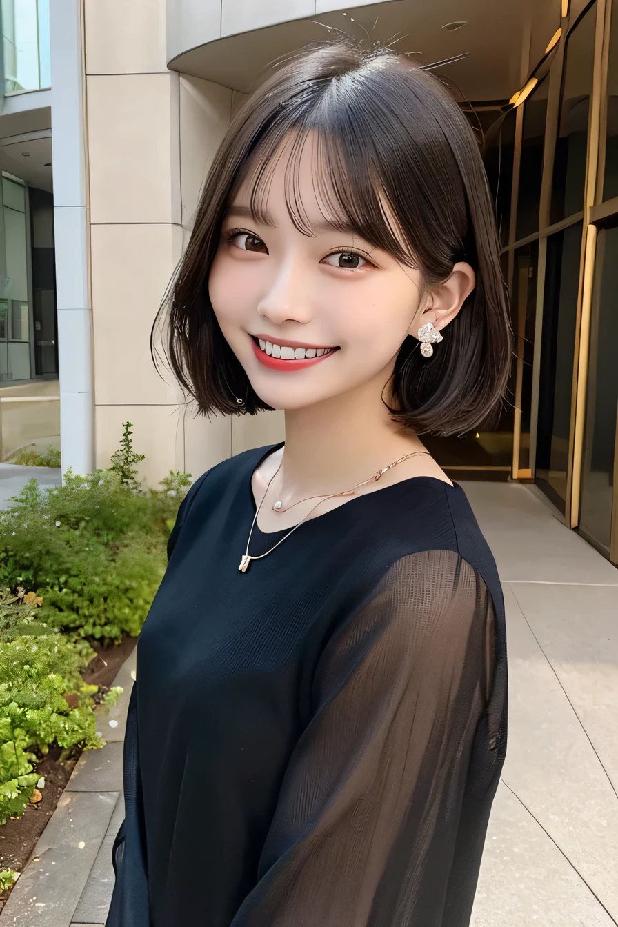 Highest quality, One Girl, (Beautiful girl, smile、Beautiful teeth alignment、Black Hair、、Short Haircut、Long sleeve blouse、ear piercing、necklace, , Face Focus、In the background is the entrance to the building