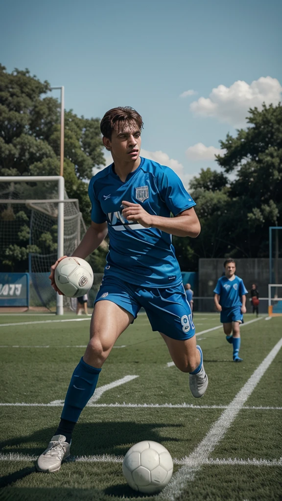 Young Leo playing ball with his friends on a football pitch, a coach advised leo to start passing the ball, 8k realistic imagery, blue scenery like a movie scene, old american setting, inspired by blade runner movie scene, blue tone,