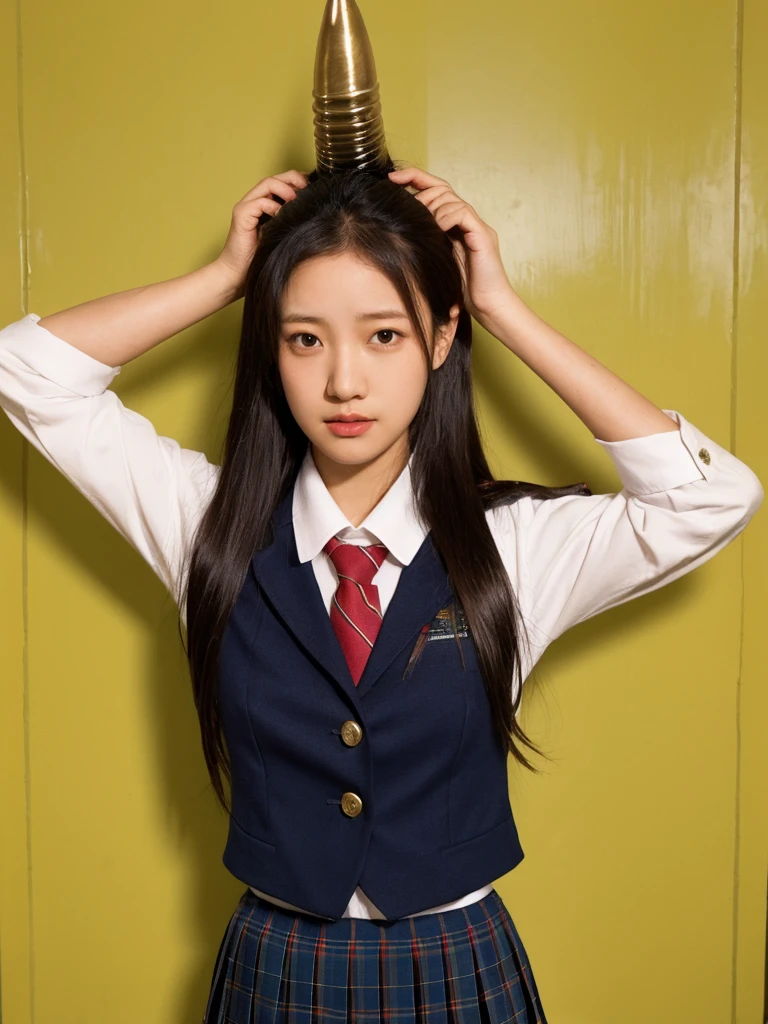 1female naga,realistic,horn on head,shirt,pleated skirt,school uniform
