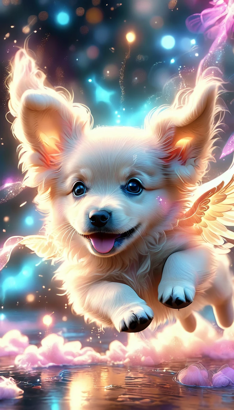 a cute flying puppy:1.5, 1 puppy, adorable, fluffy, golden retriever, cute puppy face, puppy eyes, puppy ears, flying, wings, magical, glowing, fairy tale, pastel colors, soft lighting, ethereal, whimsical, (best quality,4k,8k,highres,masterpiece:1.2),ultra-detailed,(realistic,photorealistic,photo-realistic:1.37)