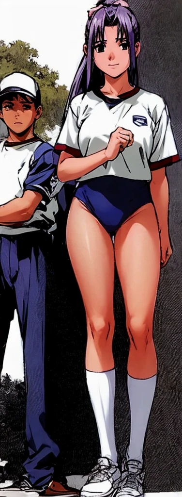 Momoko Koigakubo, a tall girl with beautiful legs, is standing with a smile on her face in a white gym uniform and light navy blue bloomers that look like panties.。Momoko Koigakubo is holding a boy in a jersey。