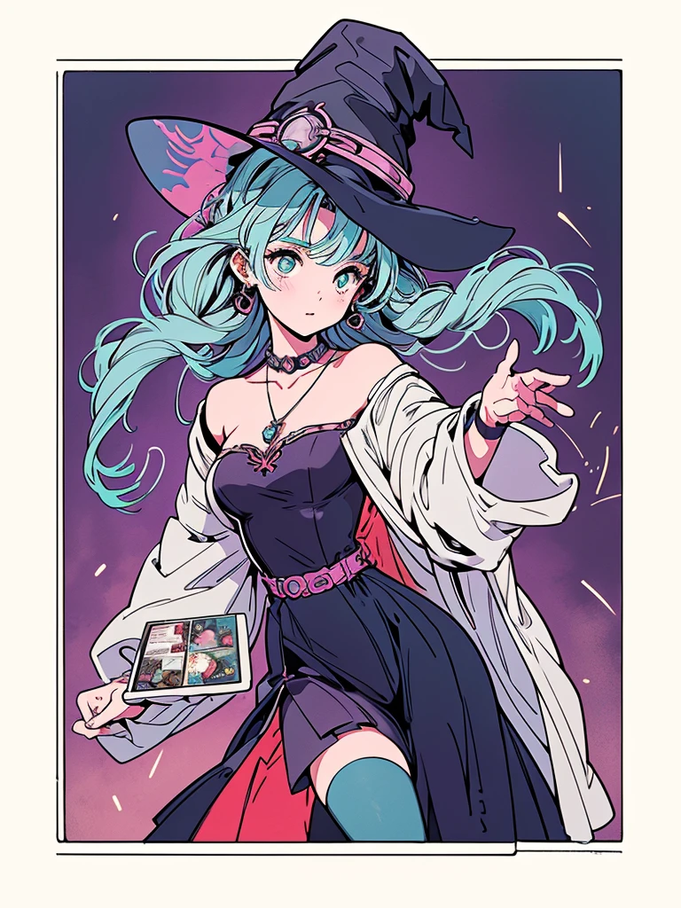 depicts a modern-day witch who has embraced the world of cybernetics to enhance her magical abilities. The artwork should convey the enchanting blend of traditional witchcraft and futuristic technology. Here are some specific elements to include: The Witch's Lair: The setting should be a cozy yet slightly eerie room, filled with magical books, crystal balls, potion ingredients, and antique furnishings. The room should be dimly lit by candles and a soft, mystical glow emanating from her cybernetic enhancements. The Cyborg Witch: The central focus of the artwork is the witch herself. She's a striking figure with a mix of traditional witch attire and cybernetic enhancements. Her clothing should have a witchy, occult aesthetic, with flowing robes, a pointed hat, and an intricate pentagram necklace. Her arms, however, have been upgraded with cybernetic components that incorporate magical symbols and glowing runes. Magical Interface: The witch is in the midst of casting a spell, with a holographic, touch-screen interface floating before her. This interface includes spell incantations, arcane symbols, and digital components, demonstrating her fusion of magic and technology. Spell Ingredients: On a nearby table, there should be a collection of spell ingredients, like herbs, potions, and magical artifacts. Some of these items may have been modified with cybernetic enhancements, blurring the line between the natural and the technological. Familiar: The witch's familiar, perhaps a cat or raven, should be present in the scene, serving as her magical companion. The familiar could also have subtle cybernetic enhancements or glowing eyes. Glowing Runes: The room should be adorned with ancient symbols and glowing runes on the walls and floor, contributing to the magical atmosphere. Aetherial Lighting: Use a combination of mystical, ethereal lighting and cybernetic glows to create a captivating interplay of light and shadow. The contrast between the tradit