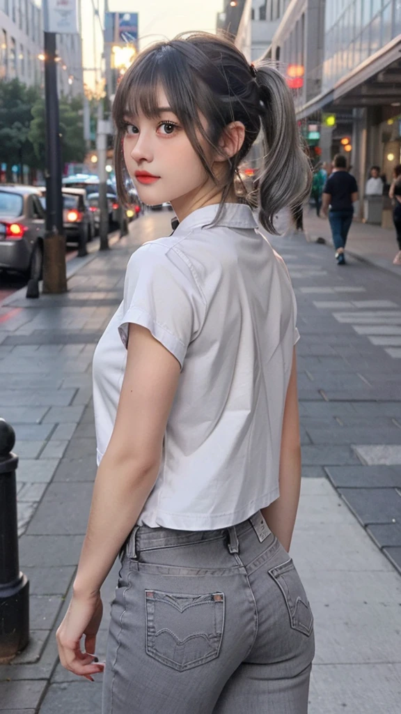 1 Girl, Beautiful, Baby Face, 20 Years Old, White Skin, Large Saggy Breasts, Cleavage, ((wearing short jeans, short cut shirt)), (Transculent), ((muscles:1.1)), (()), Sexy Look, Girly Pose, Grey Hair Bangs, Silver Twintail, ((adorable:1.1)), ((masterpiece:1.1)), Cute Face, ((Nightly:1.3)), Black Coloured, Candid, ((walking in the city)), ((back view))
