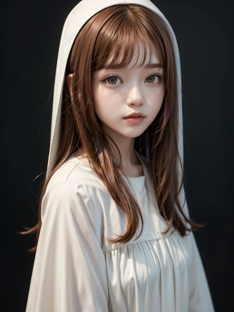 woman with long soft reddish hair and a white dress posing for a photo, pelo largo y soft reddish bangs, white hime cut hairstyle, the hime cut, long hair with full bangs, soft reddish bangs, wonyoung, clean hair with bangs, with long soft reddish hair, straight soft reddish hair, retrato de la hermosa wonyoung. Beautiful woman with soft reddish hair and nun's veil, beautiful woman in nun costume, hermosa monja wonyoung con pelo rojizo suave, clear face, beautiful soft redhead woman