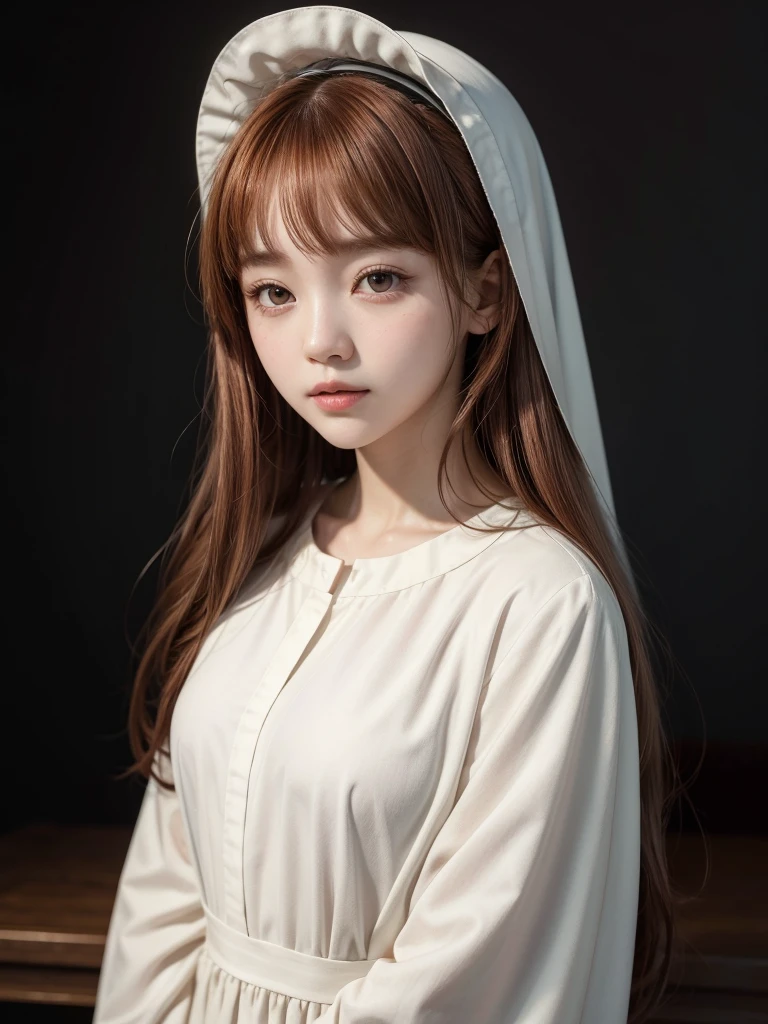 woman with long soft reddish hair and a white dress posing for a photo, pelo largo y soft reddish bangs, white hime cut hairstyle, the hime cut, long hair with full bangs, soft reddish bangs, wonyoung, clean hair with bangs, with long soft reddish hair, straight soft reddish hair, retrato de la hermosa wonyoung. Beautiful woman with soft reddish hair and nun's veil, beautiful woman in nun costume, hermosa monja wonyoung con pelo rojizo suave, clear face, beautiful soft redhead woman