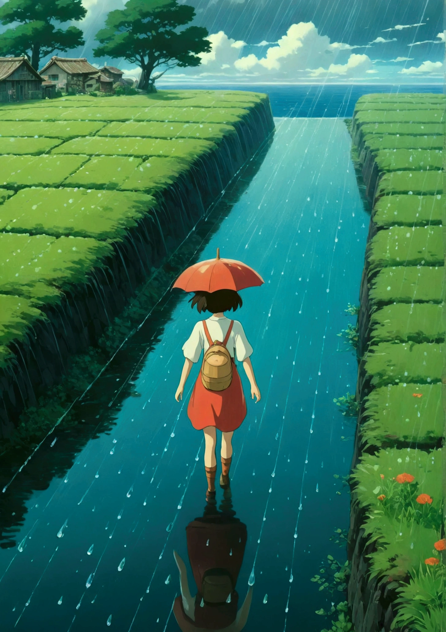 Ghibli　summer　Ocean　rain　countryside　girl