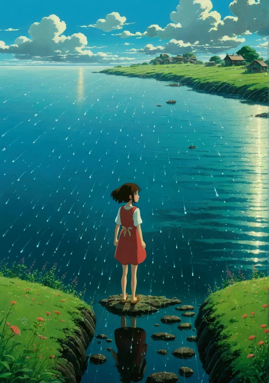 Ghibli　summer　Ocean　rain　countryside　girl