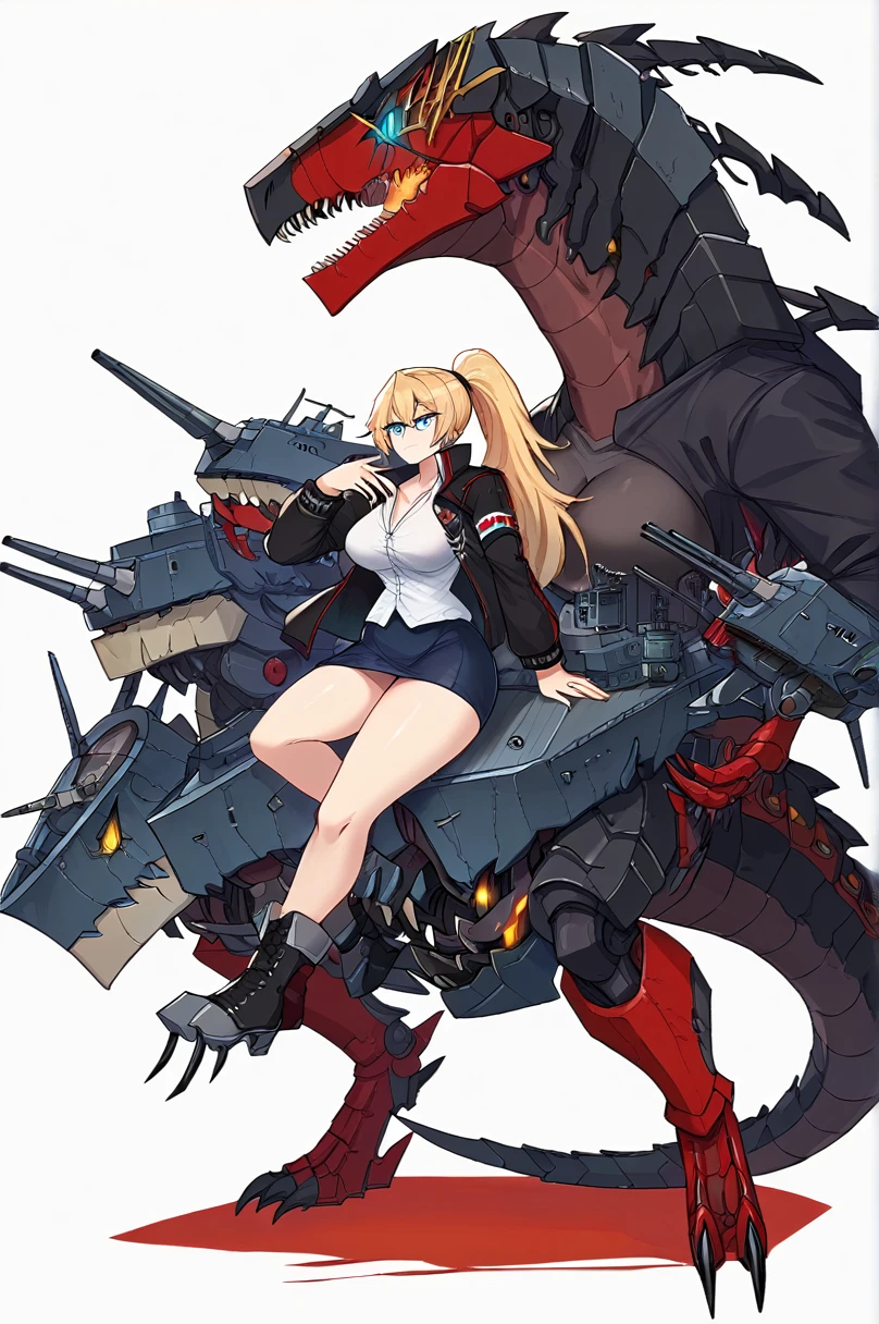 masterpiece, best quality, 1girl, simple background, IronBlood, batl, rigging, turret, cannon, (epicrigging, livingrigging, non-humanoid robot, dinosaur, t-rex), blonde hair, ponytail, blue eyes, long hair, curvy, hot, breasts, black jacket, skirt, boots