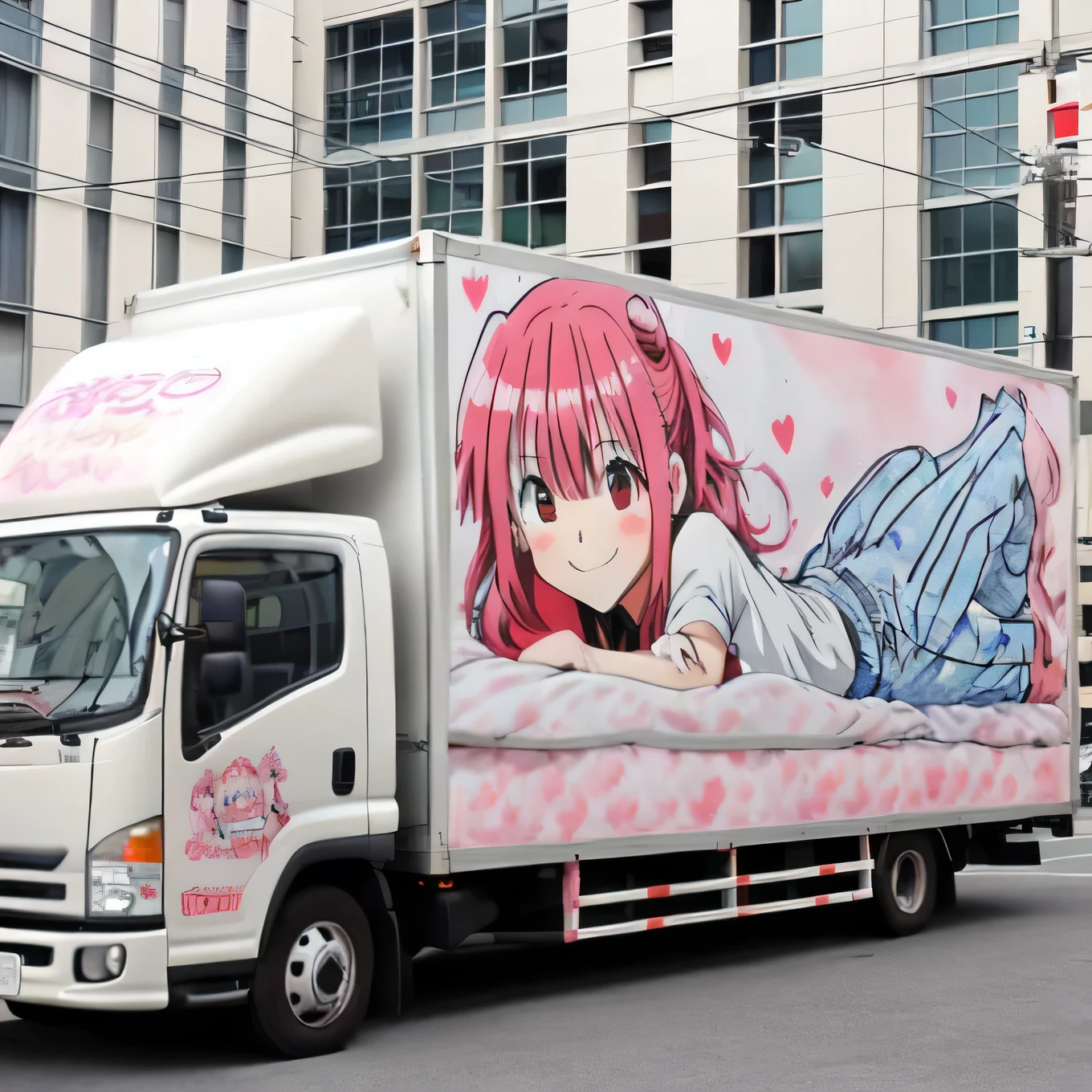 car, One girl, Vehicle Focus, alone, truck, Real-world locations, Photo Background, Lie in, pants, Pink Hair, anime_Coloring, bed, pillow, heart, smile, shy