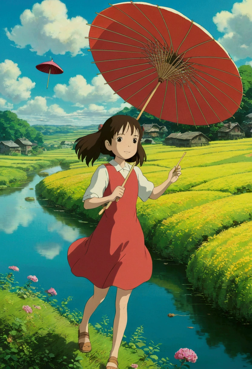 Ghibli summer countryside Hold a parasol Floating in the air girl