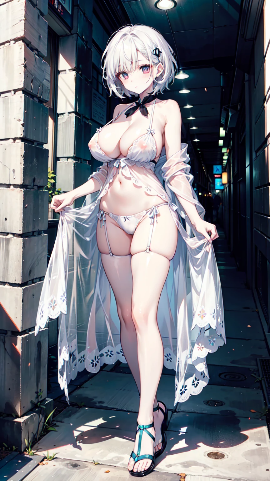 1 female，Attractive anime girl,whole body肖像，whole body，White lingerie，White short hair，Pale skin、Pale skin、Big boobs，较Big ，White sandals，