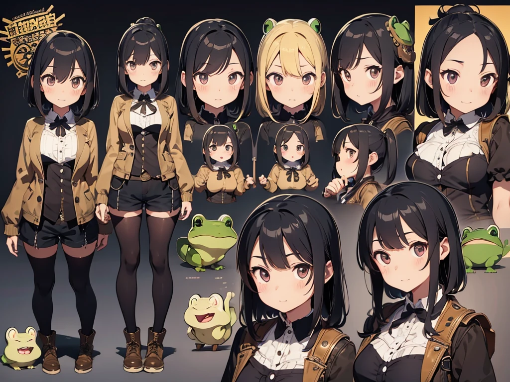 Frog-like face、Distant eyes、Big Mouth、Low Nose、steampunk、Three-dimensional view、Front, side and back view、Standing woman、Shorts、Small breasts、Bangs parted in the middle