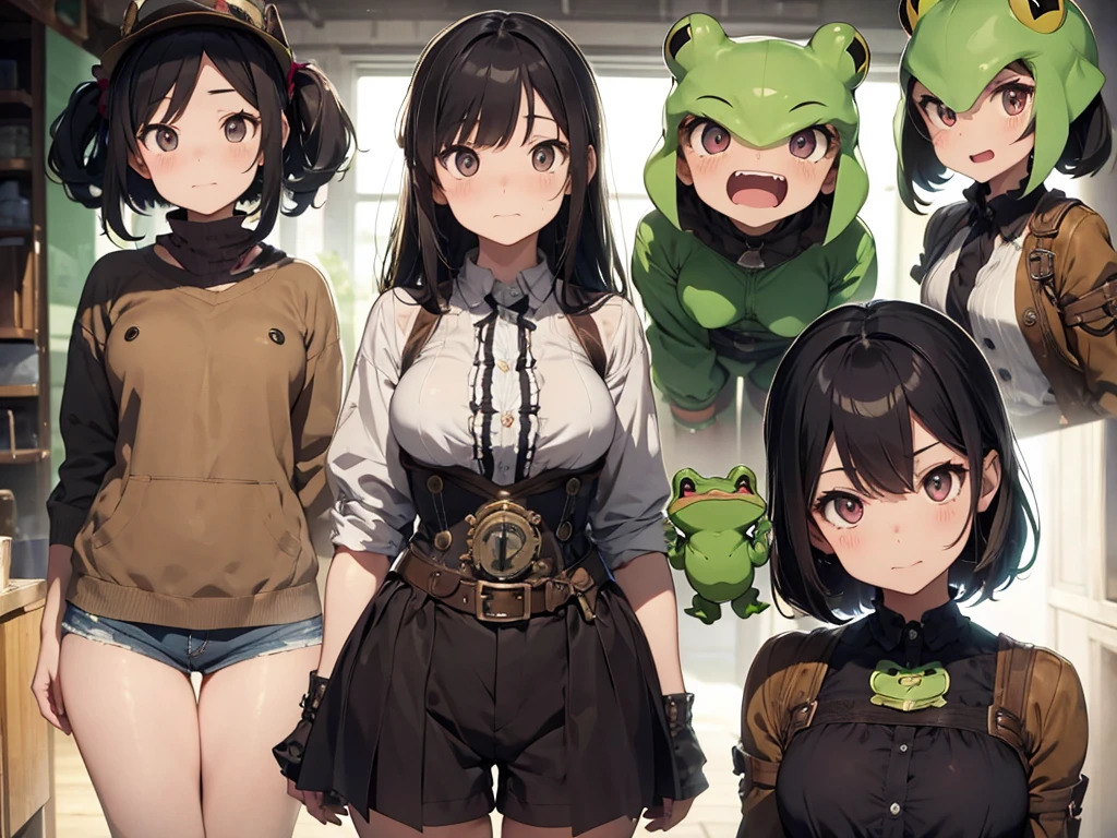 Frog-like face、Distant eyes、Big Mouth、Low Nose、steampunk、Three-dimensional view、Front, side and back view、Standing woman、Shorts、Small breasts、Center-parted bangs