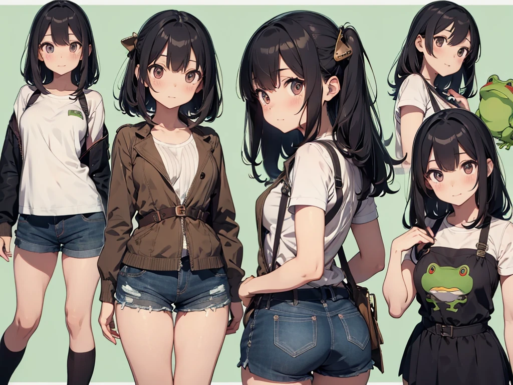 Frog-like face、Distant eyes、Big Mouth、Low Nose、steampunk、Three-dimensional view、Front, side and back view、Standing woman、Shorts、Small breasts、Center-parted bangs