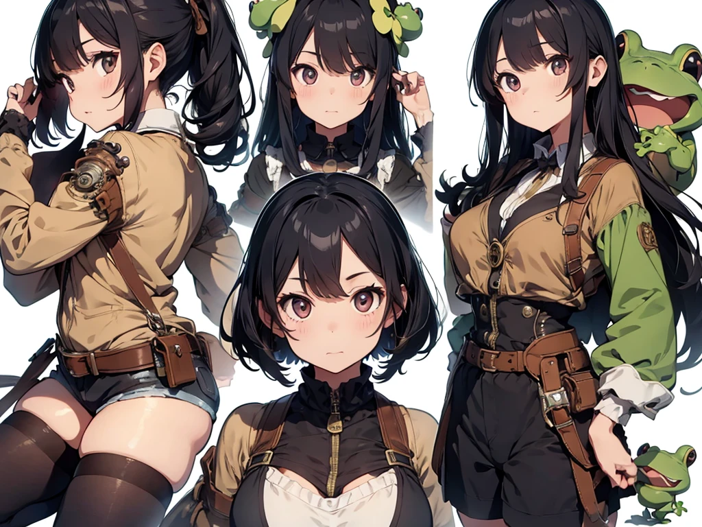 Frog-like face、Distant eyes、Big Mouth、Low Nose、steampunk、Three-dimensional view、Front, side and back view、Standing woman、Shorts、Small breasts、Center-parted bangs