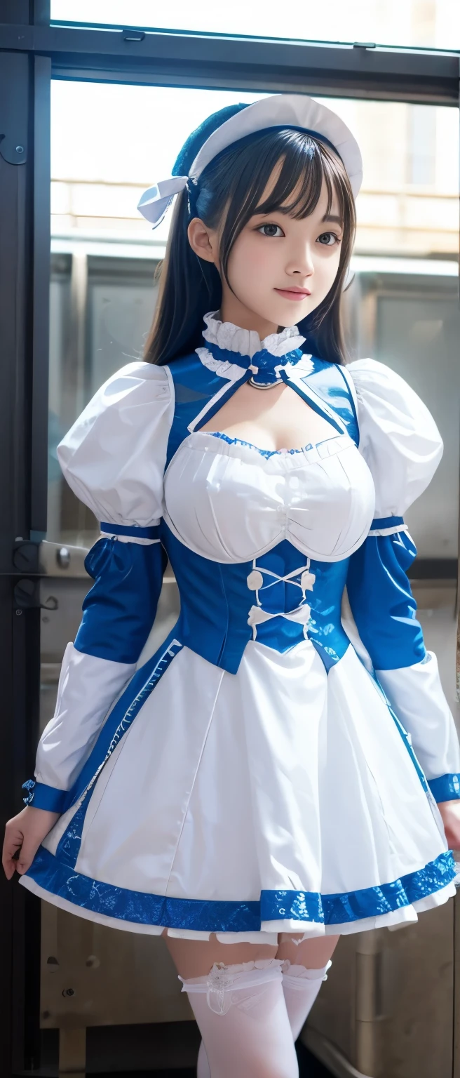 ((Ultra Long Exposure Photography)) high quality, highly detailed, a stunning photorealistic portrait ogf a beautiful girl has black hair with blue eyes. she in a castle singing on stage,see-through costume,skirtlift,pick up her skirt by one hand,