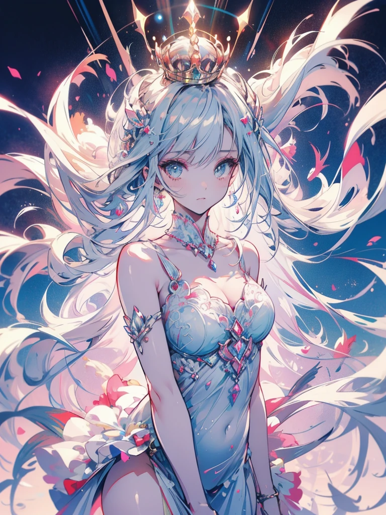There is a woman with a long plain white dress where her thighs show, neckleace, a thin, long crown in the center of your head, the beautiful fantasy queen, long white hair with streaks of blood at the ends, straight hair, (((thick))), fully body, a work of art in the Guvez style. 5d cgi anime fantasy art, High-quality, detailed artwork in 8K, random scene background