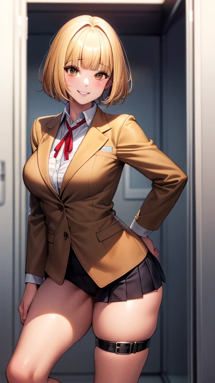 masterpiece, high quality, Detailed eyes, 
One girl, Hana Midorikawa, short hair, bangs, (Yellow Hair:1.0), (Brown eyes:1.0), blunt bangs,, (Mature Woman, Mature Woman:1.2), Large Breasts, (Volupture:1.2), Thick thighs, expensive, Long legs, Glowing Skin, Oily skin, Glowing Skin, smile, (Muscular:0.7), (Genital tattoo:1.0),
alone, View your viewers, Cowboy Shot, School, change room, locker, (Contrasting:1.2), (School uniform, Brown jacket neck ribbon, Collared shirt:1.2), Knee socks,  necklace, choker, Thigh straps,  cleft of venus,  Camel Toe,