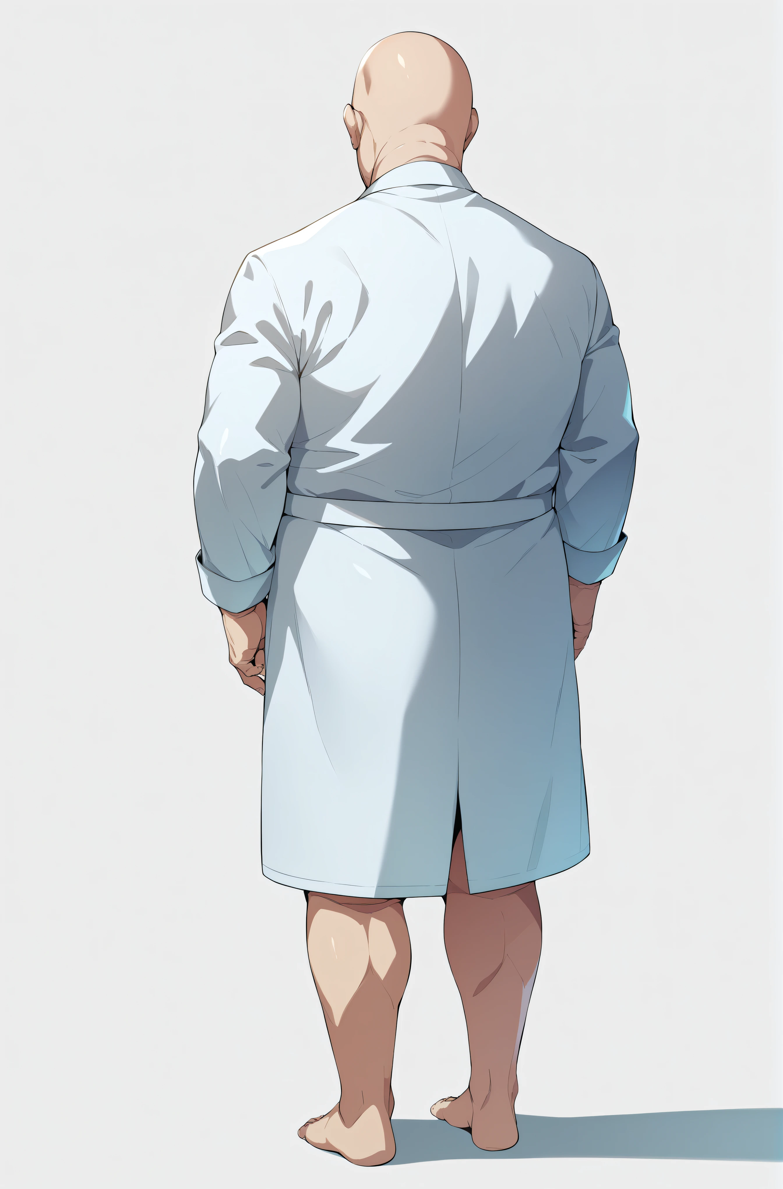 Diagonal angle from behind、A bald man in a white coat、solo、Ultra-detailed illustrations、Ultra-precise expression、masterpiece、Highest quality、ultra High resolution、High resolution、Hiromitsu Takeda Style、White background、Simple Background、whole body、barefoot、Standing posture、Back view、Spread your legs、