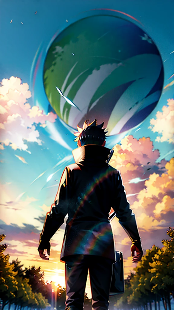 AN ADULT MAN NAMED "NARUTO" IN THE ANIME MANGA SERIES, WAS LENDING UNDER A TREE AND A GRASS FIELD AND AND A DARK SKY.