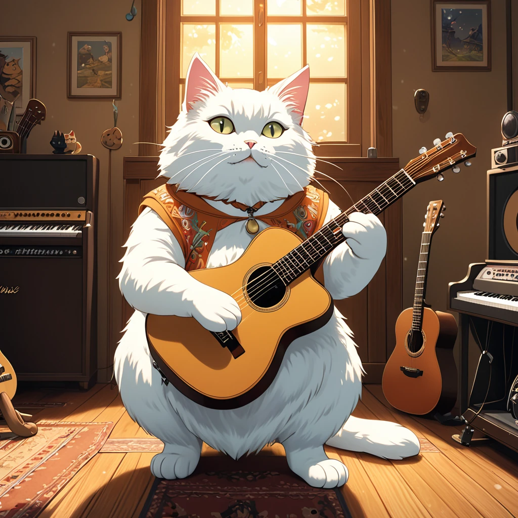 a fat white cat standing on two legs, holding a guitar, anime, studio ghibli, detailed fur, cute expression, finely detailed, high quality, 8k, intricate details, soft lighting, warm color palette, photorealistic, beautiful detailed eyes, beautiful detailed face, extremely detailed, detailed hands holding guitar, cat paws holding guitar, cat sitting pose, whimsical, fantastical, magical realism, cinematic lighting, atmospheric, dreamlike