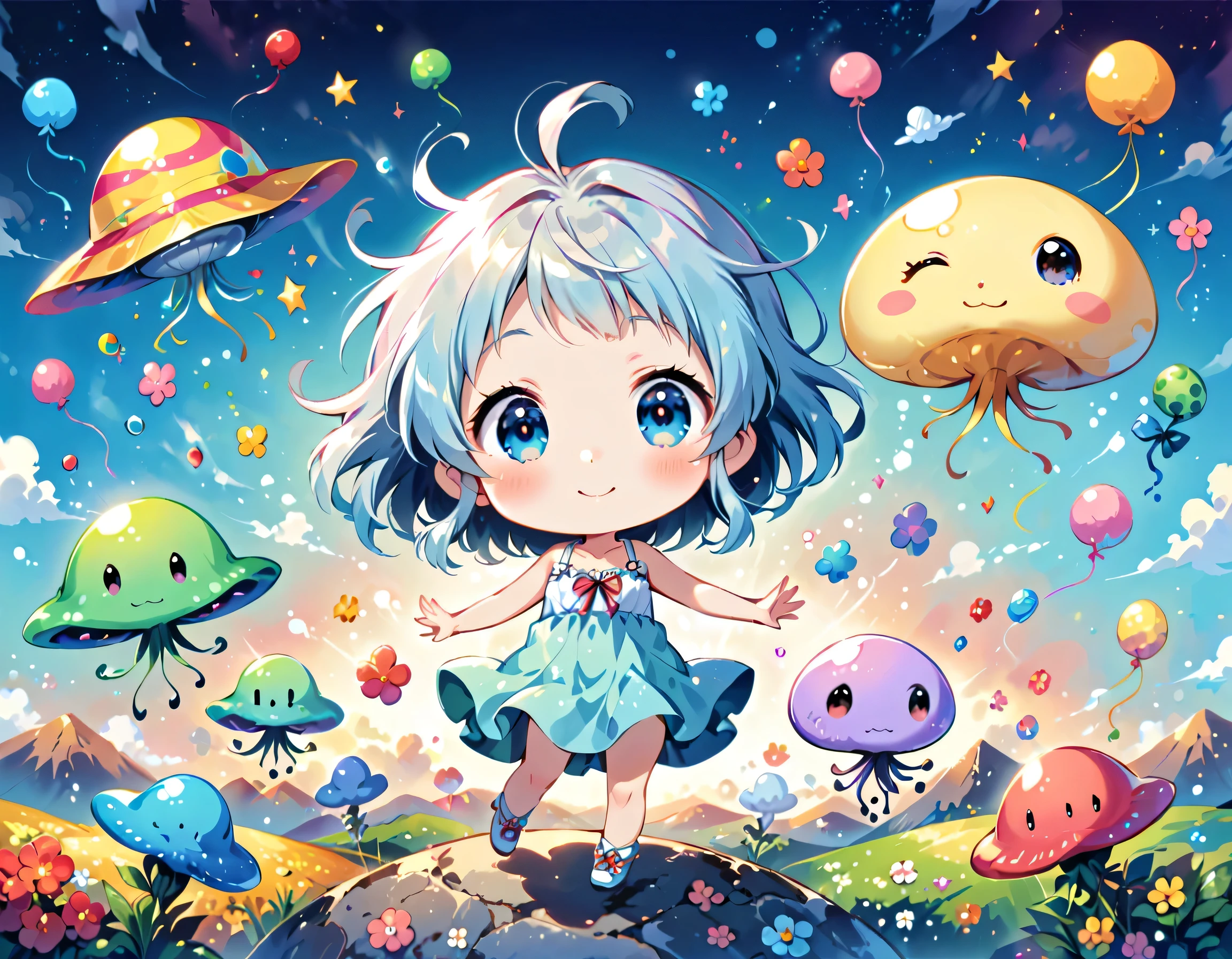 Hayao Miyazaki pastel color style, Simple Line Initialism，Abstract art, kawaii design, The most beautiful girl of all time, (((chibi))), (((Dream World))), Lovely summer clothes, (((Cute Aliens))), Playing with Aliens