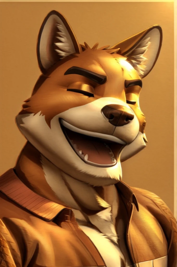 A close-up, standing with the upper half of his body visible. They look directly at the viewer with closed eyes and a smile, conveying laughter with disdain. with subtle textures and colors that evoke a feeling of nostalgia.