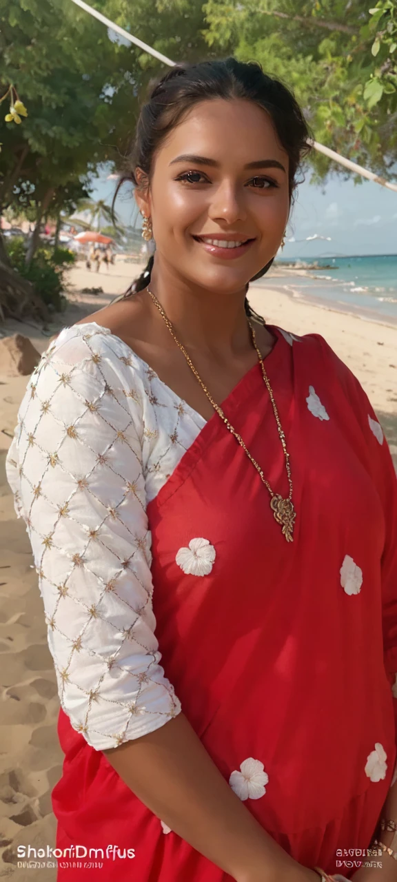 a beautiful woman, a white and dress, in a beautiful beach, long hair in a mess, flirting, light smile, Holding flowers, ultra HD, realistic, bright colors, high detail, UHD drawing, perfect composition, beautiful detailed complex