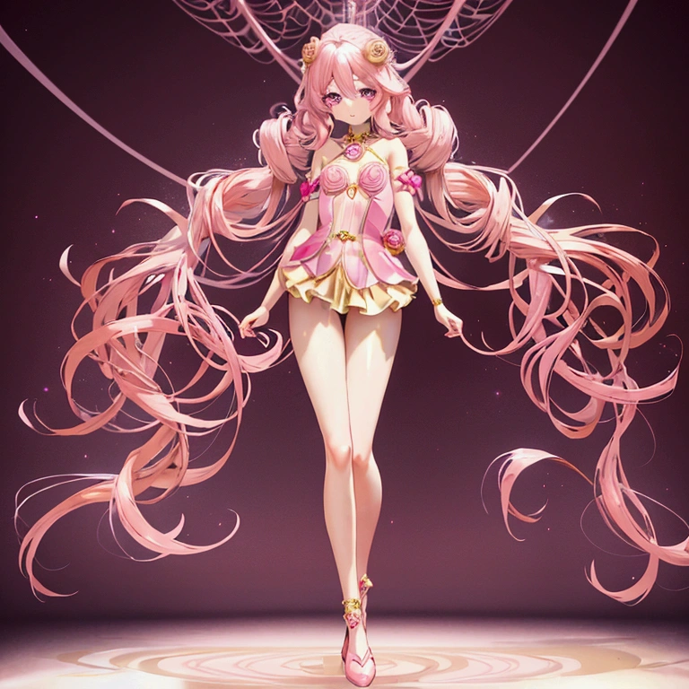 Anime-style girl with (((deep magenta eyes and long, wavy pink hair))) ((styled in an elegant French braid)). (((She is slender, and , with small breasts))). ((Ensure a full-body shot of her)) wearing a (((pink, gold, and rose gold color magical girl-themed outfit.))) ((The outfit features a spider and spider web theme.)) The overall look is regal and ethereal, with magical glowing effects. cutesexy, , a hyperrealistic , hyperrealistic , realistic , seductive (anime girl), smooth anime cg art, beautiful alluring anime teen, ((magical girl)), (masterpiece), best quality, expressive eyes, perfect face ((Highest quality))、((8K))、(((8k wallpaper))) ((Full Body Shot: 1.5))、ultra detailed, masterpiece, best quality, solo