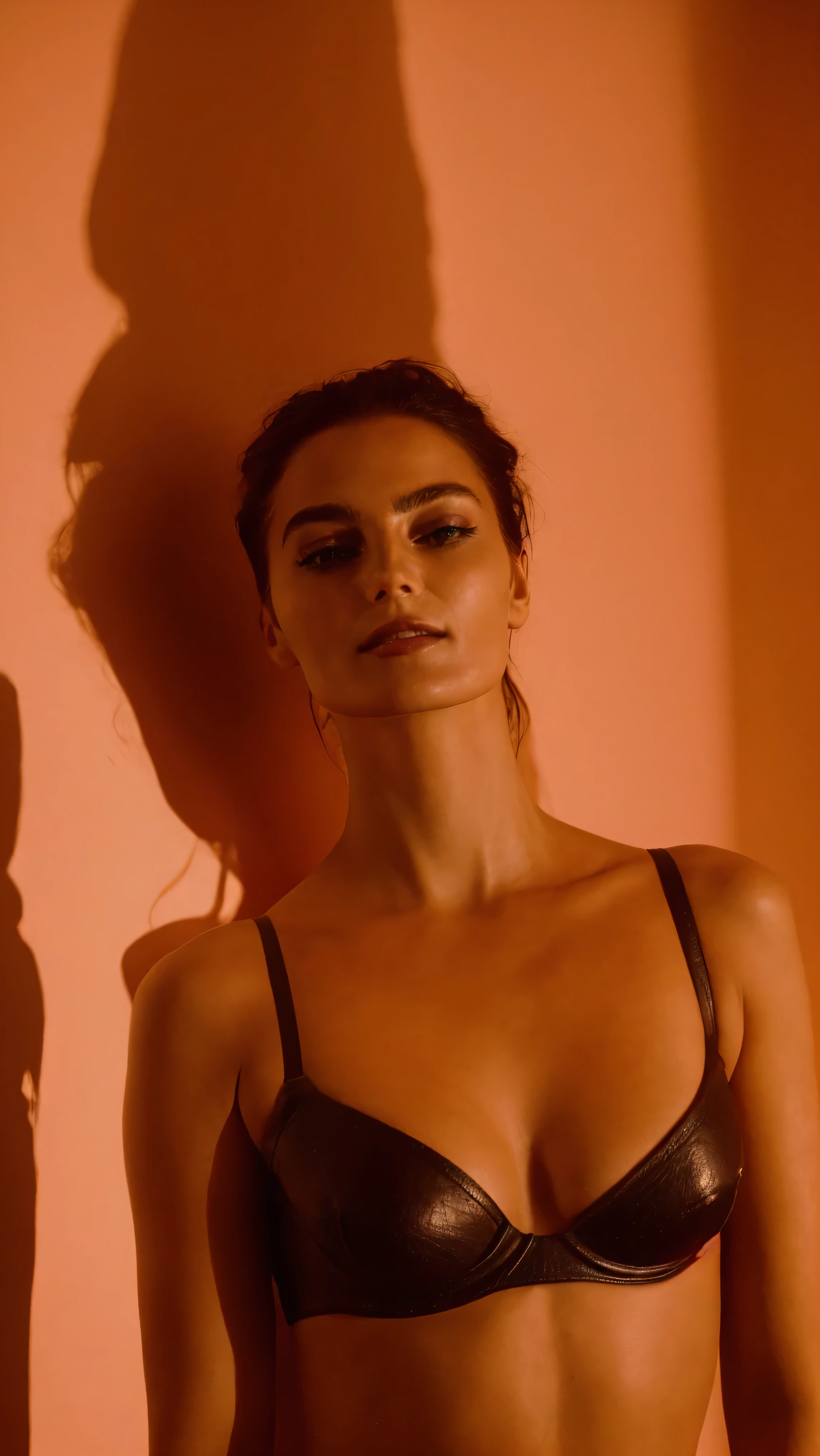 woman, smile, medium neck dress, warm light, shadows, Photograph of a 25 year old woman, (ambivalent facial expression), face looking at camera, full face, portrait, faces are visible more, and the eyes look straight, broun textured leather cloth, goosebumps, ash blonde mermaid, Perfect eyes, realistic skin texture, too much sweat, (ektachrome), Velvia 100 color, shot with Leica T, hips, sharp focus on the subject, shot by Peter Lindbergh, bright, fair, realistic look, tika on forehead, nose jewelry, African lips, red lipstick, pink slip, big breast, leather bra, leather short, 