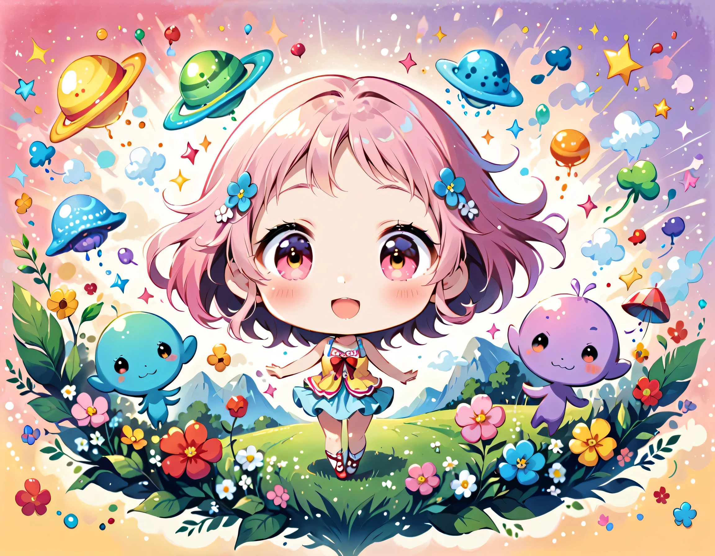 Hayao Miyazaki pastel color style, Simple Line Initialism，Abstract art, kawaii design, The most beautiful girl of all time, (((chibi))), (((Dream World))), Lovely summer clothes, (((Cute Aliens))), Playing with Aliens