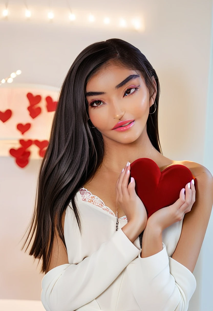 a close up of a woman holding a red heart in her hand, soft devil queen madison beer, beautiful mexican woman, beautiful and smiling, violet myers, beautiful model, madison beer, alone gorgeous latin woman, tanned ameera al taweel, female with long black hair, by Natasha Tan, olivia culpo as milady de winter, madison beer girl portrait