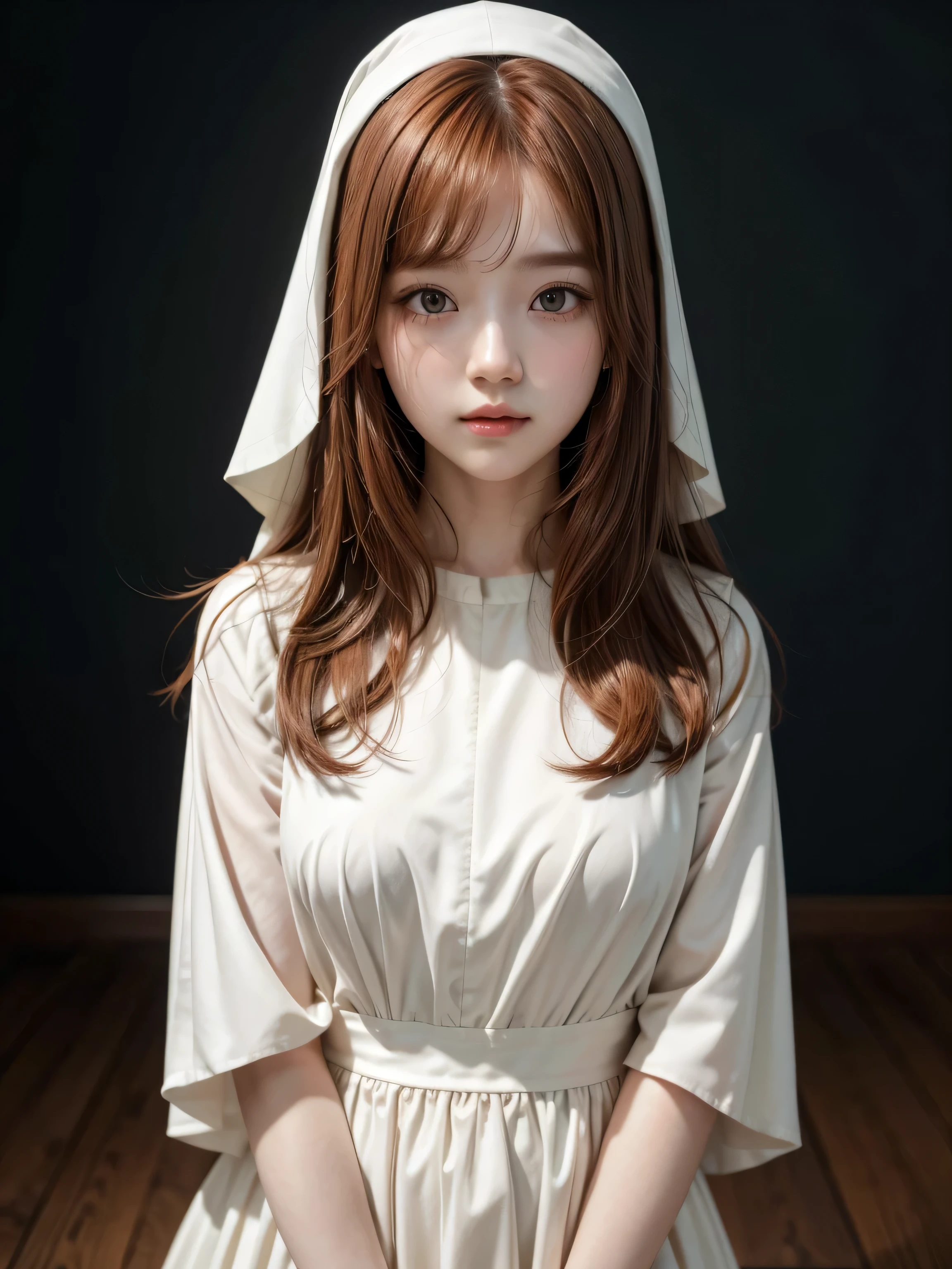 woman with long soft reddish hair and a white dress posing for a photo, pelo largo y soft reddish bangs, white hime cut hairstyle, the hime cut, long hair with full bangs, soft reddish bangs, wonyoung, clean hair with bangs, with long soft reddish hair, straight soft reddish hair, retrato de la hermosa wonyoung. Beautiful woman with soft reddish hair and nun&#39;s veil, beautiful woman in nun costume, hermosa monja wonyoung con pelo rojizo suave, clear face, beautiful soft redhead woman