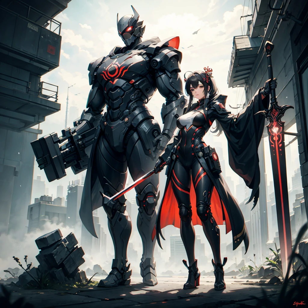 (masterpiece, Highest quality), (Perfect athletic body:1.2), (Detailed Hair), Very detailed, Anime Style, whole body, Cyberpunk Ninja Girl, Large scale, cyborg, Wearing an oiran coat and bamboo hat. Many arms and swords, Wasteland standings, Wear tech boots, 8K high resolution, Trend Art Station, White Background, Standing in the wasteland, whole body,