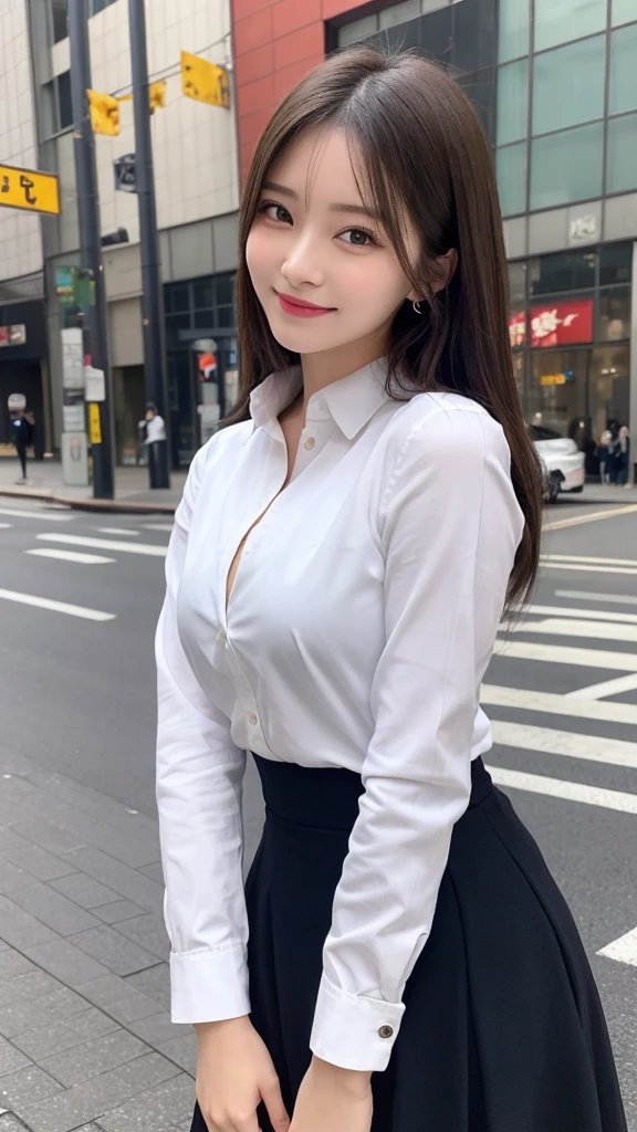 Highest quality, Very detailed, finely, High resolution, 8k wallpaper, Perfect dynamic composition, Beautiful and exquisite,ランダムなcute髪,,Natural color lip, Bold sexy pose,smile、20-year-old girl、cute、Looking into the camera,,Perfect and beautiful face,Slim face and figure,Beautiful thighs, Beautiful feet、Calf、Butt、Big eyes、Gal Makeup,Small face,Shooting from below、Close your eyes,White teeth、Elegant feminine face、Randomly change the shooting angle and position、smile、Top to bottom々Shoot from the right angle and direction、Sexy Face、Standing in the streets of Shibuya、Long sleeve white collared shirt、High waisted tight long skirt