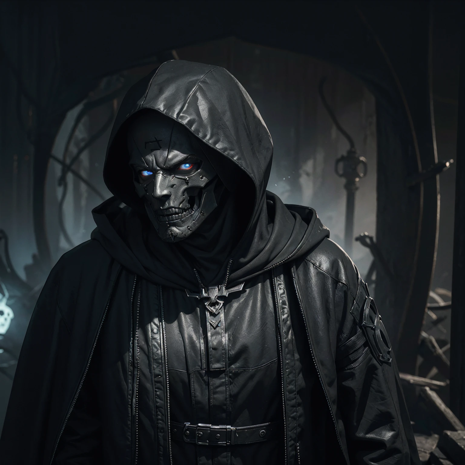 arafed man in a dark costume with a hood and a skull mask, a digital rendering by Andrei Kolkoutine, Artstation contest winner, digital art, detailed unreal engine 5 render, unreal engine 5 render dramatic, unreal engine 5 digital art, created in unreal engine 5, rendered in unreal engine 5, fantasy style 8 k octane render