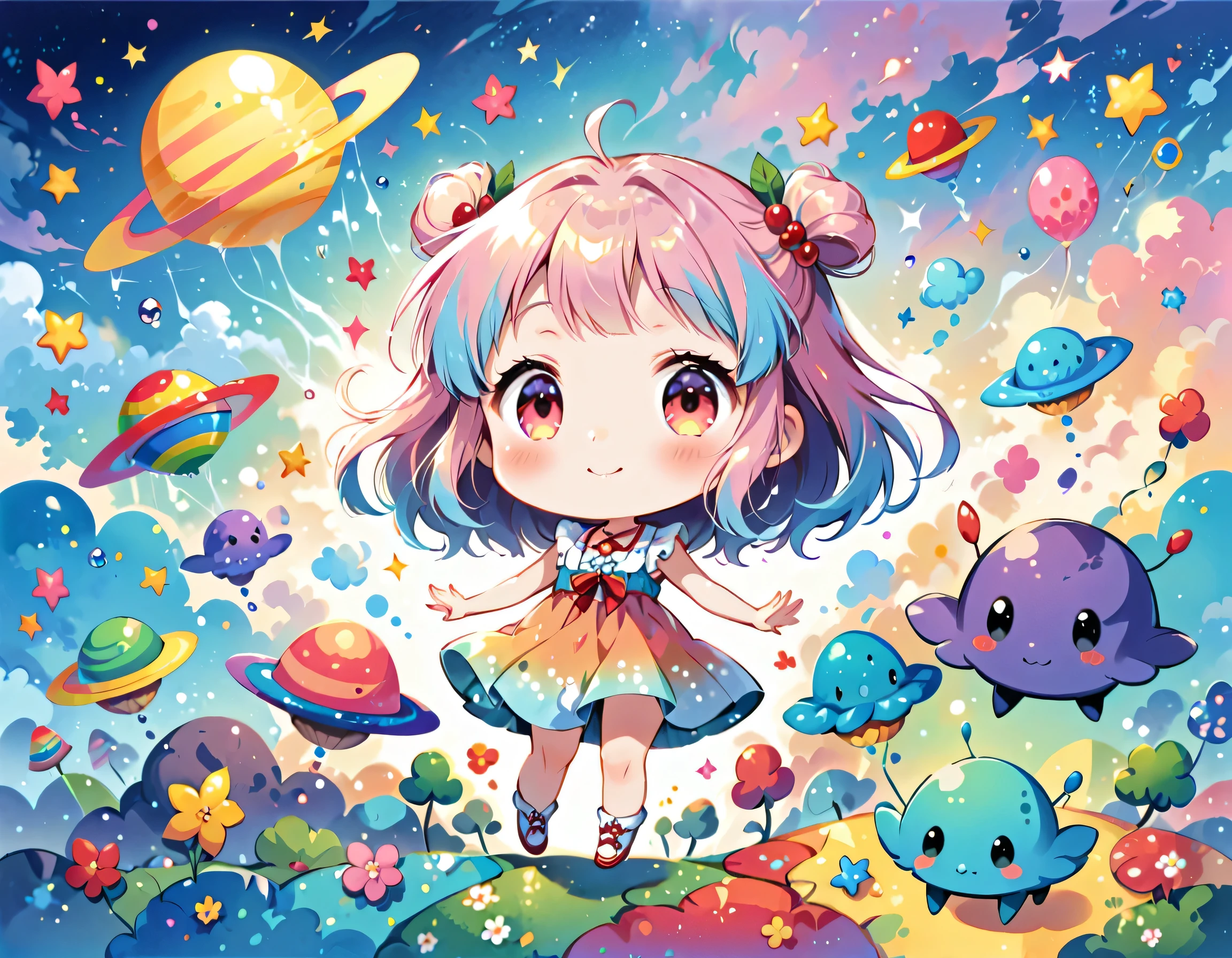 Hayao Miyazaki pastel color style, Simple Line Initialism，Abstract art, kawaii design, The most beautiful girl of all time, (((chibi))), (((Dream World))), Lovely summer clothes, (((Cute Aliens))), Playing with Aliens