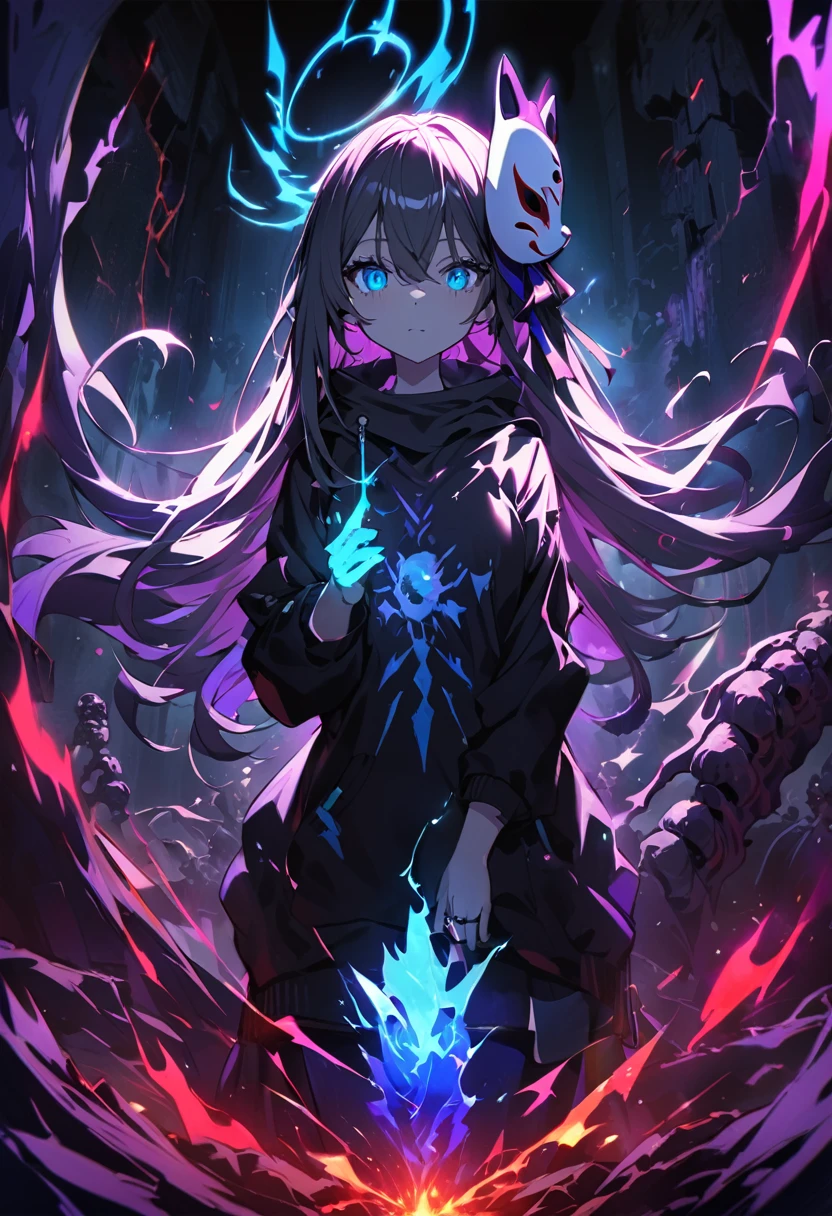 elemental, Girl from the dark environment, lightning strike, green aura, Red aura, purple aura, Flames surrounding the girl, work of art, dark theme, highest quallity, Maximum details, ultra-detailed eyes, Professional coloring, cinematic lightning strike, skeletal remains, Written limit depth, contra-luz, a girl, middle of the chest, Youngh, ashen hair, long hair, halo brilhante, ring of light, fox mask hair accessory, black sweatshirt, Bright blue sea, Holding the blue flame