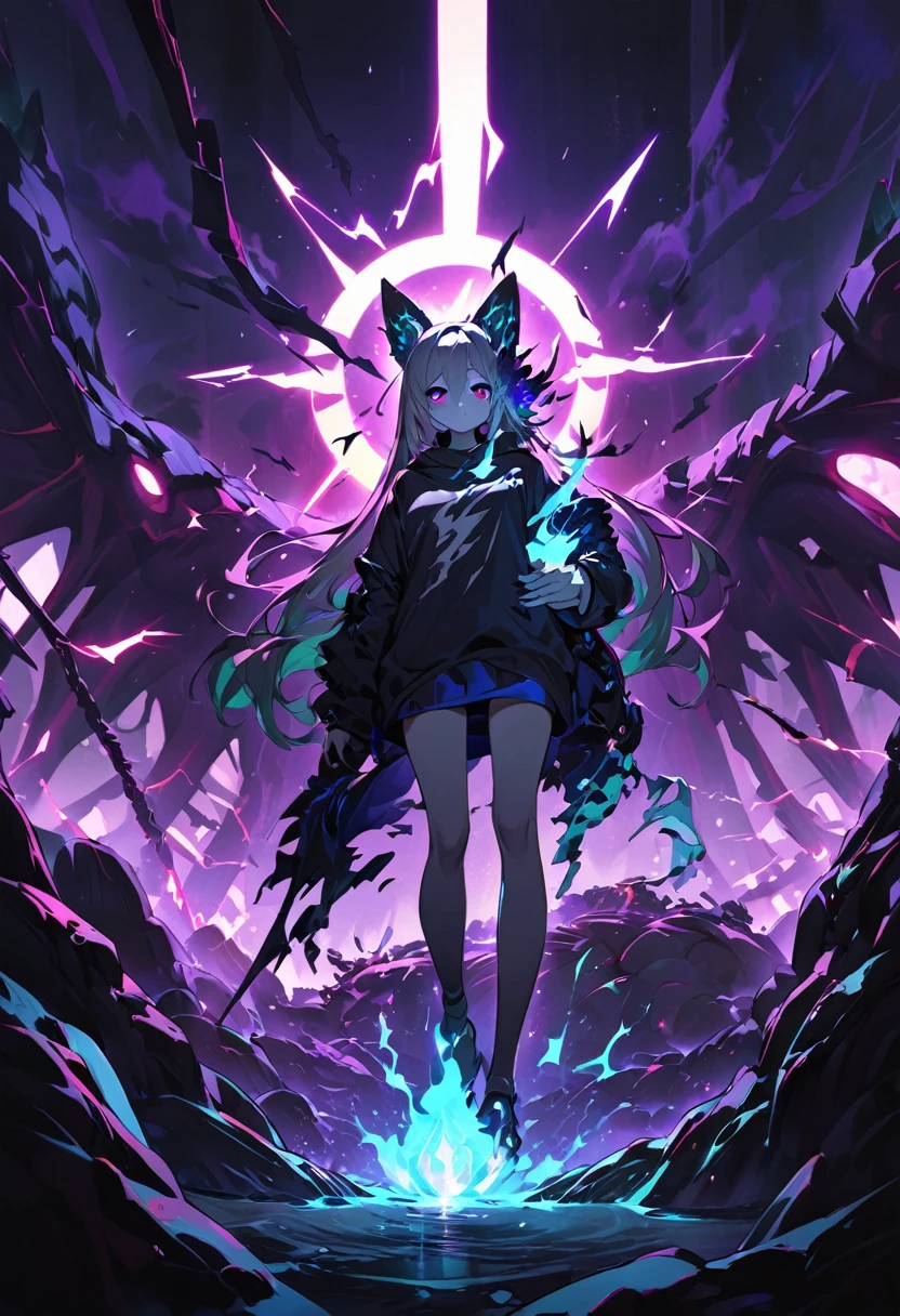 elemental, Girl from the dark environment, lightning strike, green aura, Red aura, purple aura, Flames surrounding the girl, work of art, dark theme, highest quallity, Maximum details, ultra-detailed eyes, Professional coloring, cinematic lightning strike, skeletal remains, Written limit depth, contra-luz, a girl, middle of the chest, Youngh, ashen hair, long hair, halo brilhante, ring of light, fox mask hair accessory, black sweatshirt, Bright blue sea, Holding the blue flame