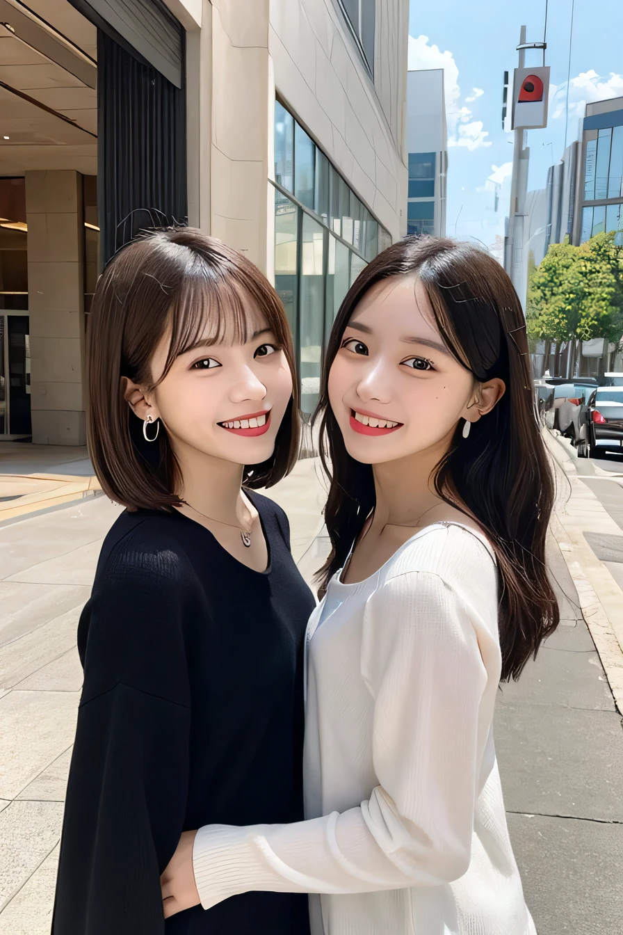 Highest quality, Two girls standing side by side,smile、Beautiful teeth alignment、Black Hair、、Short Haircut、Long sleeve blouse、ear piercing、necklace, , Face Focus、In the background is the entrance to the building