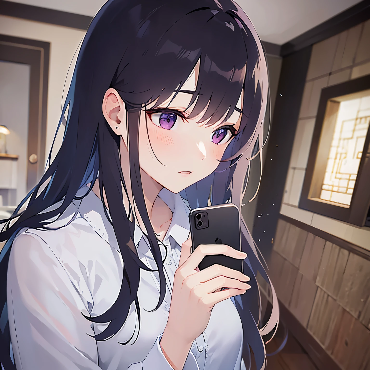 side angle, (looking away:1.5), holding a phone, Biologically correct five fingers、Upper Body, Realistic, real person, (pale skin: 1.2), RAW photo, photorealistic, shiny skin, shiny hair、(A 25-year-old woman with straight hair and bangs) and (medium hair) and (black hair) and (purple eyes) , (white collared shirt)、sad, (blush:1.3), open mouth, The background is the living room at night、Alone、