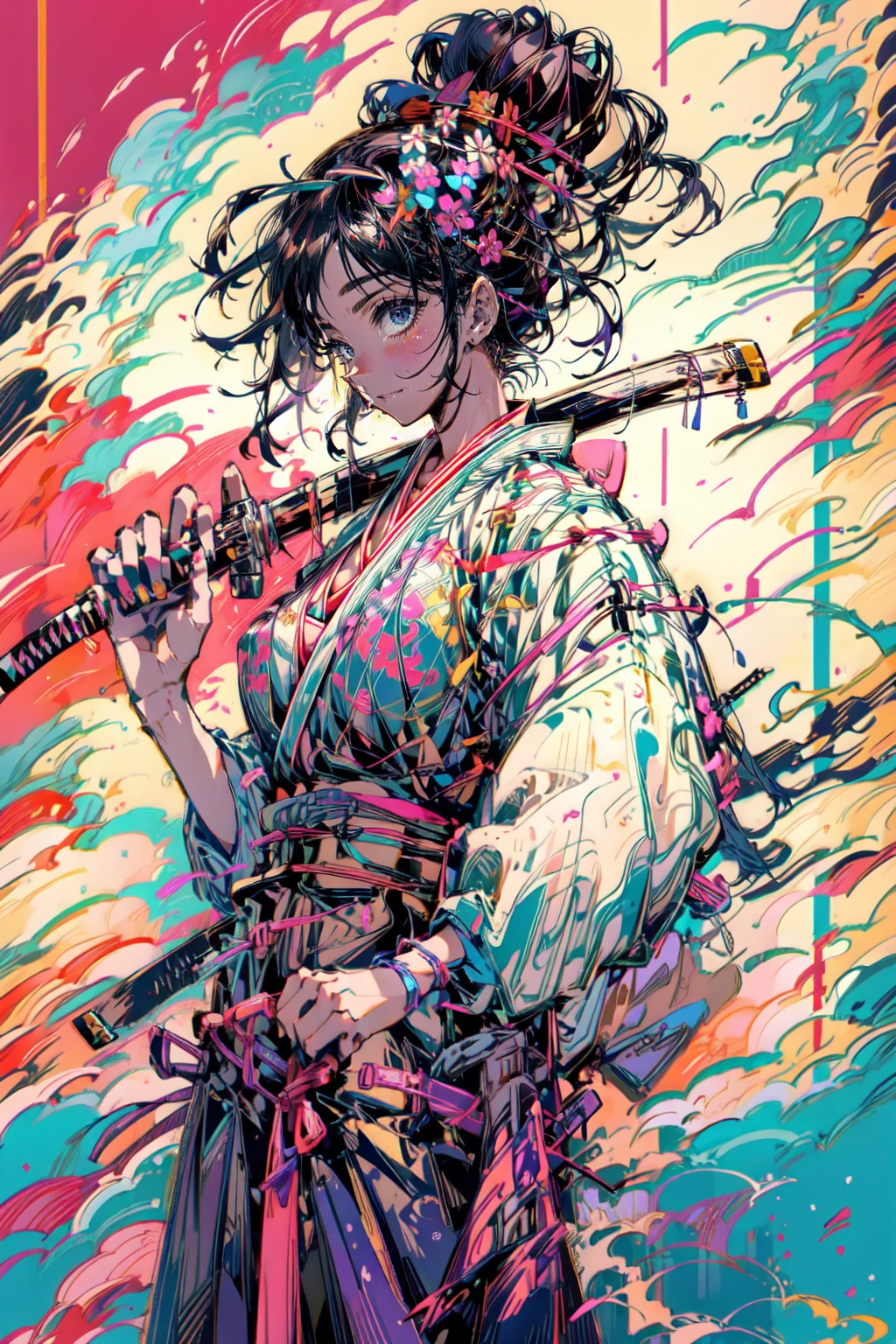 1girl,solo,cool,japanese style,yukata,bigbreast,cleavage,she holding katana,katana,samurai girl,