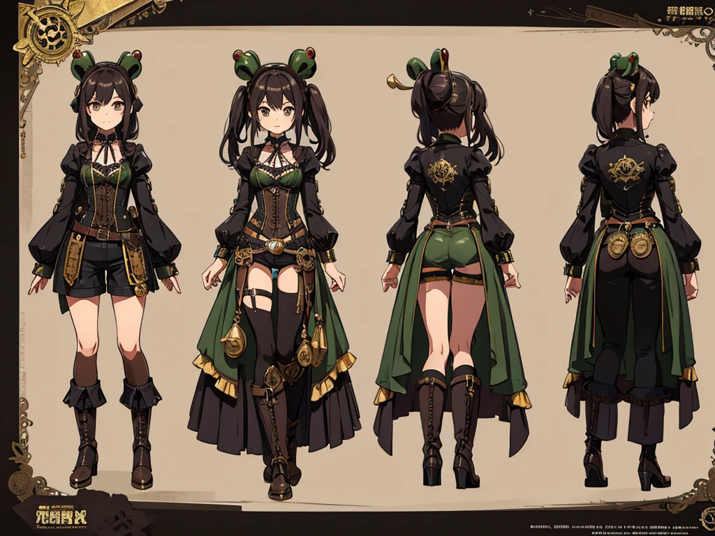 Frog-like face、Distant eyes、Big Mouth、Low Nose、steampunk、Three-dimensional view、Front, side and back view、Standing woman、Shorts、Small breasts、Center-parted bangs