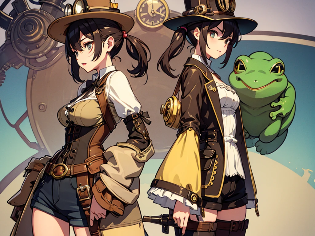 Frog-like face、steampunk、Three-dimensional view、Front, side and back view、Character Sheet、Standing woman