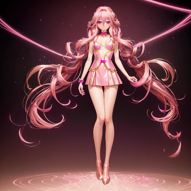 Anime-style girl with (((deep magenta eyes and long, wavy pink hair))) ((styled in an elegant French braid)). (((She is slender, and , with small breasts))). ((Ensure a full-body shot of her)) wearing a (((pink, gold, and rose gold color magical girl-themed outfit.))) ((The outfit features a spider and spider web theme.)) The overall look is regal and ethereal, with magical glowing effects. cutesexy, , a hyperrealistic , hyperrealistic , realistic , seductive (anime girl), smooth anime cg art, beautiful alluring anime , ((magical girl)), (masterpiece), best quality, expressive eyes, perfect face ((Highest quality))、((8K))、(((8k wallpaper))) ((Full Body Shot: 1.5))、ultra detailed, masterpiece, best quality, solo