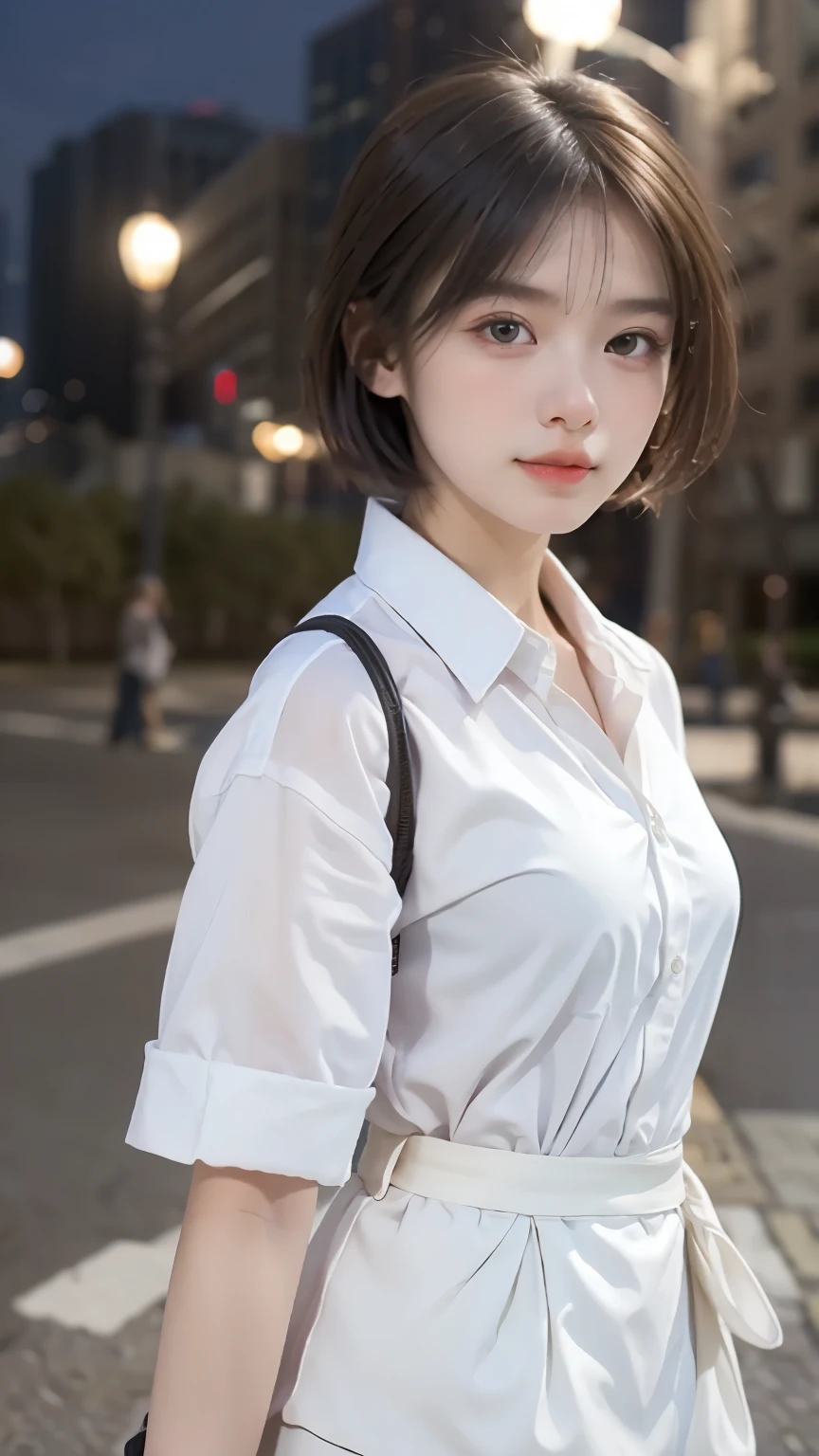 ((top quality, 8k, masterpiece: 1.3, raw photo)), Sharp Focus: 1.2, (1 aespa girl: 1.2), (Realistic, Photorealistic: 1.37), (face focus: 1.1), cute face, small breasts, flat chest, short messy hair, (long button white shirt: 1.1), Beautiful Woman Sitting Under Street Lamp Light, cinematic lighting
